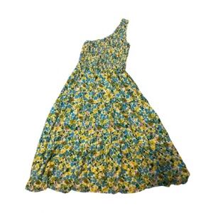 Zesica Yellow Blue Floral One
Shoulder Smocked Tiered Dress